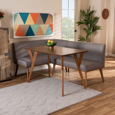 Baxton Studio Odessa Mid-Century Modern Grey Fabric Upholstered and Walnut Brown Finished Wood 3-Piece Dining Nook Set
