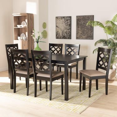 Baxton Studio Ramiro Modern And Contemporary Sand Fabric Upholstered And Dark Brown Finished Wood 7 Piece Dining Set