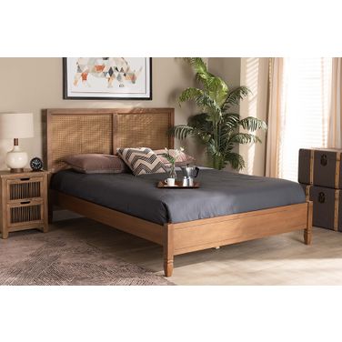 Baxton Studio Redmond Mid-Century Modern Walnut Brown Finished Wood And Synthetic Rattan Queen Size Platform Bed