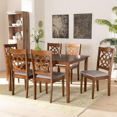 Baxton Studio Renaud Modern And Contemporary Grey Fabric Upholstered And Walnut Brown Finished Wood 7 Piece Dining Set