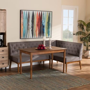 Baxton Studio Riordan Mid-Century Modern Grey Fabric Upholstered And Walnut Brown Finished Wood 3-Piece Dining Nook Set