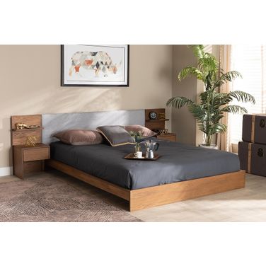 Sami Queen Storage Bed w/ Built In Nightstands in Gray Fabric & Walnut