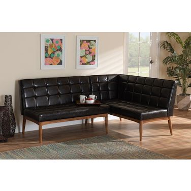 Baxton Studio Sanford Mid-Century Modern Dark Brown Faux Leather Upholstered and Walnut Brown Finished Wood 2-Piece Dining Nook Banquette Set