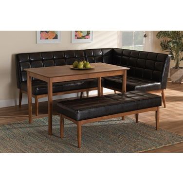 Baxton Studio Sanford Mid-Century Modern Dark Brown Faux Leather Upholstered and Walnut Brown Finished Wood 4-Piece Dining Nook Set
