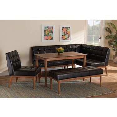 Baxton Studio Sanford Mid-Century Modern Dark Brown Faux Leather Upholstered and Walnut Brown Finished Wood 5-Piece Dining Nook Set