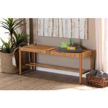 Baxton Studio Saura Mid-Century Modern Oak Brown Finished Wood and Dining Bench