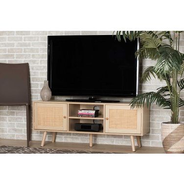 Baxton Studio Sebille Mid-Century Modern Light Brown Finished Wood 2-Door Tv Stand With Natural Rattan