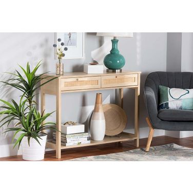 Baxton Studio Sebille Mid-Century Modern Light Brown Finished Wood 2-Drawer Console Table With Natural Rattan