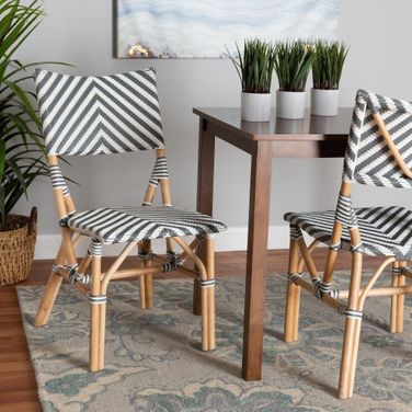Baxton Studio Shai Modern French Grey And White Weaving And Natural Rattan Bistro Chair