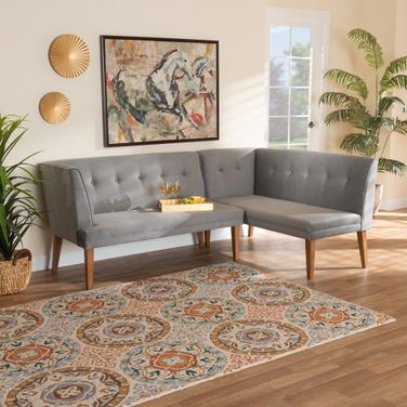 Baxton Studio Stewart Mid-Century Modern Grey Velvet Upholstered And Walnut Brown Finished Wood 2-Piece Dining Nook Banquette Set