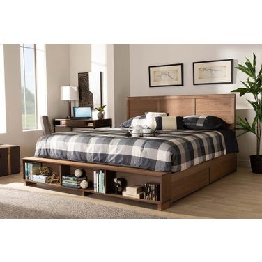 Baxton Studio Tamsin Modern Transitional Ash Walnut Brown Finished Wood King Size 4-Drawer Platform Storage Bed with Built-In Shelves