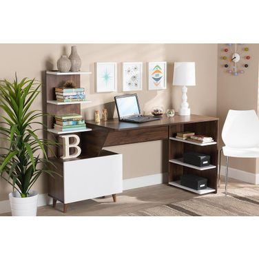 Baxton Studio Tobias Mid-Century Modern Two-Tone White and Walnut Brown Finished Wood Storage Computer Desk with Shelves