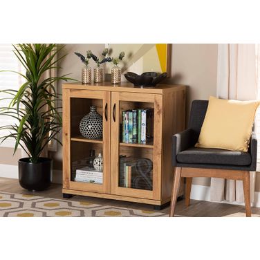 Baxton Studio Zentra Modern And Contemporary Oak Brown Finished Wood 2-Door Storage Cabinet With Glass Doors
