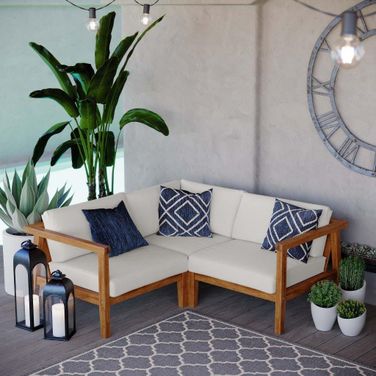 Bayport Outdoor Patio Teak Wood 3-Piece Sectional Sofa Set In Natural White