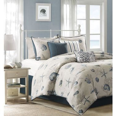 Bayside Cotton Printed 7 Piece California King Comforter Set In Blue
