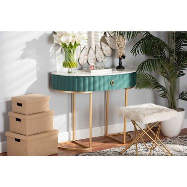 Beale Luxe and Glam Green Velvet Upholstered and Brushed Gold Finished 1-Drawer Console Table with Faux Marble Tabletop