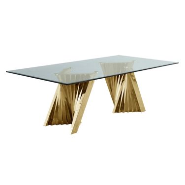 Becky 46 x 94 Inch Dining Table In Clear Glass and Gold Stainless Steel Base
