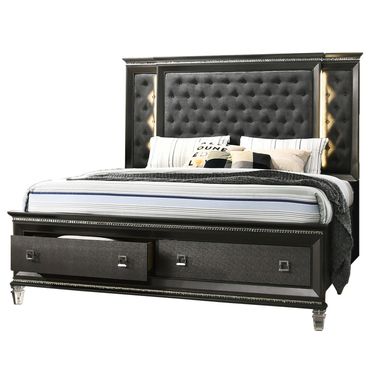 Bellagio Lavish California King Platform Bed with Light Up Headboard and Storage Footboard In Dark Gray