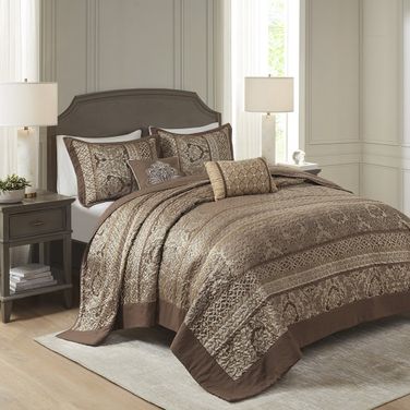 Bellagio Polyester Jacquard 5 Piece King Bedspread Set In Brown/Gold