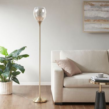 Bellow Uplight Floor Lamp with Mercury Glass Shade In Antique Brass