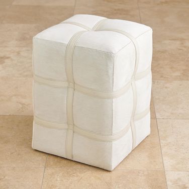 Belted Poof In Ivory Hair On Hide Leather