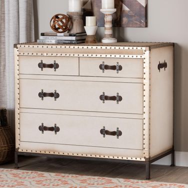 Benton White Canvas 4 Drawer Storage Cabinet In Beige and Coffee