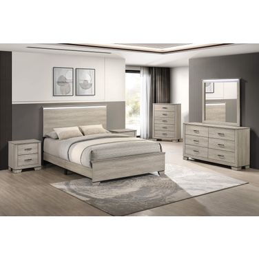 Bertha Panel Bedroom Set with LED Headboard in Rustic Greige Oak