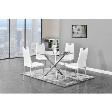 Beverly 5 Piece Faux Leather Round Glass Dinette Set In White
