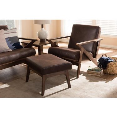Bianca Mid-Century Modern Walnut Wood Dark Brown Distressed Faux Leather Lounge Chair And Ottoman Set