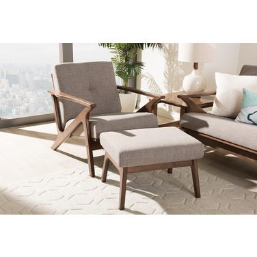 Bianca Mid-Century Modern Walnut Wood Light Grey Fabric Tufted Lounge Chair And Ottoman Set