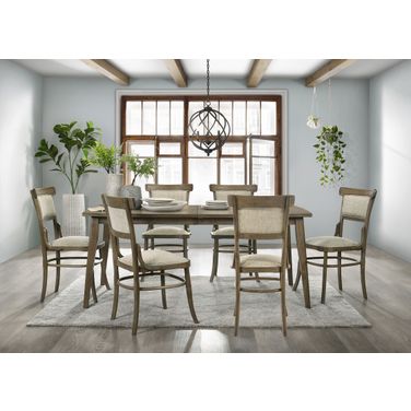 Bistro 7 Piece 72 Inch Dining Table Set with Off White Fabric Dining Chairs In Vintage Walnut