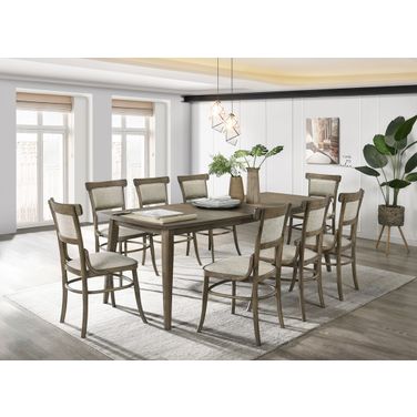 Bistro 88 Inch 9 Piece Dining Table with Extension Leaf and Off White Fabric Dining Chairs In Vintage Walnut