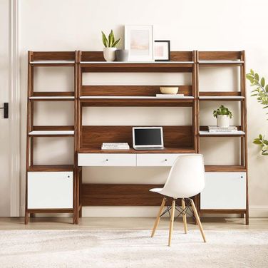 Bixby 3 Piece Wood Office Desk And Bookshelf In Walnut White EEI-6114-WAL-WHI
