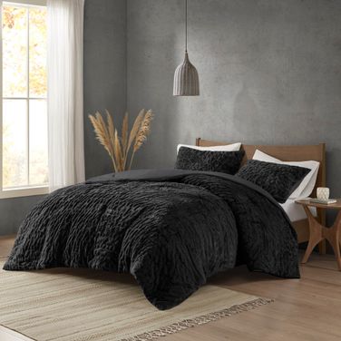 Blair Ruched Fur Down Alternative 3 Piece King/Cal King Comforter Set In Black