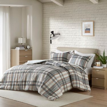 Blake Plaid Duvet 3 Piece Full/Queen Cover Set In Tan and Gray