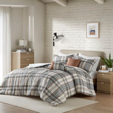 Blake Plaid 5 Piece Full/Queen Comforter Set In Tan and Gray