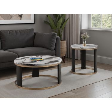 Bogor Round Occasional Table Set In Black/White/Gold