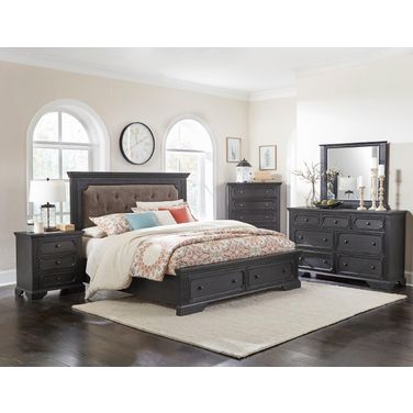 Bolingbrook Wire Brushed Charcoal Upholstered Storage Platform Bedroom Set