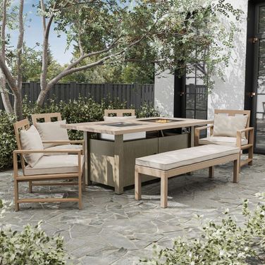 Bordeaux Rectangular Outdoor Dining Room Set with Fire Pit and Cooler In Beige and Brown