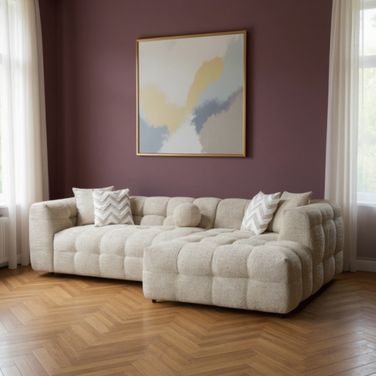 Boucle L Shaped Two Piece Sofa and Chaise Sectional with Toss Pillows In Ivory