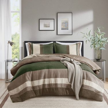 Boulder Stripe Pieced Faux Suede Comforter Set In Green