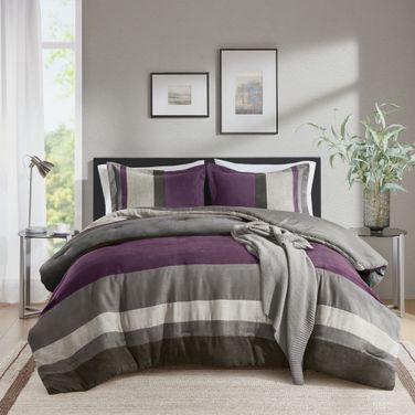 Boulder Stripe Pieced Faux Suede Comforter Set In Purple