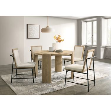 Bowen 47 Inch Round Dining Table Set with Cream Color Upholstered Chairs In Oak