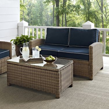 Bradenton 2 Piece Wicker Outdoor Loveseat Patio Furniture Set In Navy and Weathered Brown