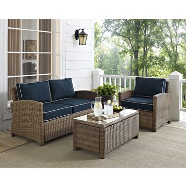 Bradenton 3 Piece Wicker Outdoor Loveseat Patio Furniture Set In Navy and Weathered Brown