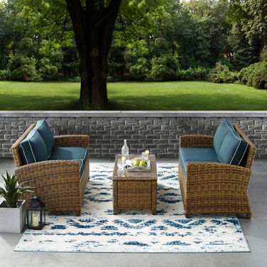 Bradenton 3 Piece Wicker Outdoor Loveseat Patio Furniture Set In Navy and Weathered Brown