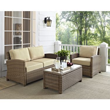 Bradenton 3 Piece Wicker Outdoor Loveseat Patio Furniture Set In Sand and Weathered Brown