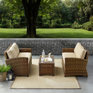 Bradenton 3 Piece Wicker Outdoor Loveseat Patio Furniture Set In Sand and Weathered Brown