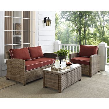 Bradenton 3 Piece Wicker Outdoor Loveseat Patio Furniture Set In Sangria and Weathered Brown