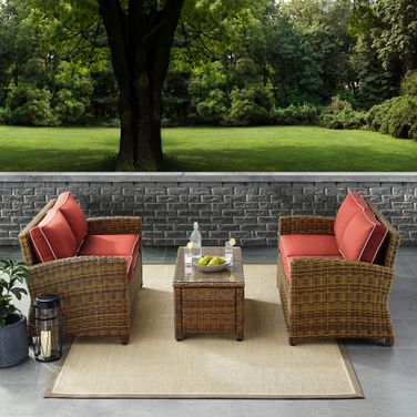 Bradenton 3 Piece Wicker Outdoor Loveseat Patio Furniture Set In Sangria and Weathered Brown